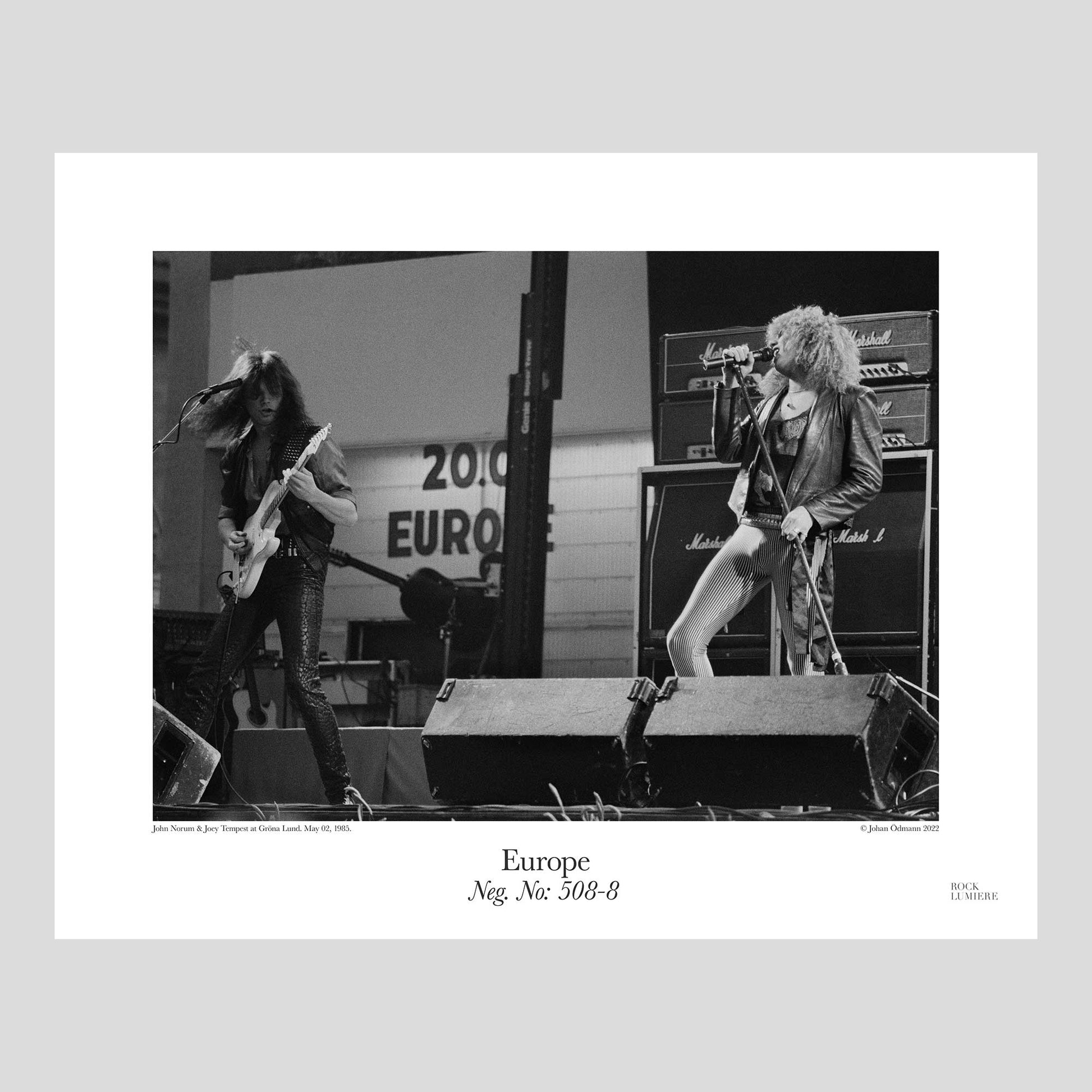 John Norum and Joey Tempest on stage with Europe at Gröna Lund, Sweden, May 02, 1985. Photograph by Johan Ödmann. Rock Lumiere Editions offer Rock Photography Posters and Limited Edition Fine Art Prints. Choose your unique b/w photograph of legendary artists. Order your favorite music photography today. Worldwide shipping.