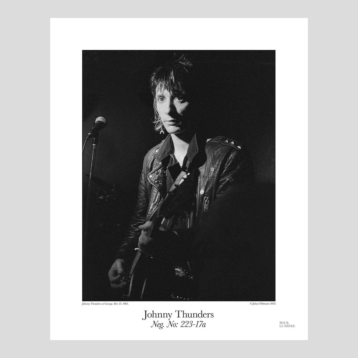 Johnny Thunders onstage at Garage, Stockholm Dec 27, 1983. Photograph by Johan Ödmann. Rock Lumiere Editions offer beautiful Rock Photography Posters and Limited Edition Fine Art Prints.  Choose among unique b/w photographs of legendary artists and bands.  Order your favorite music photography today. Worldwide shipping.