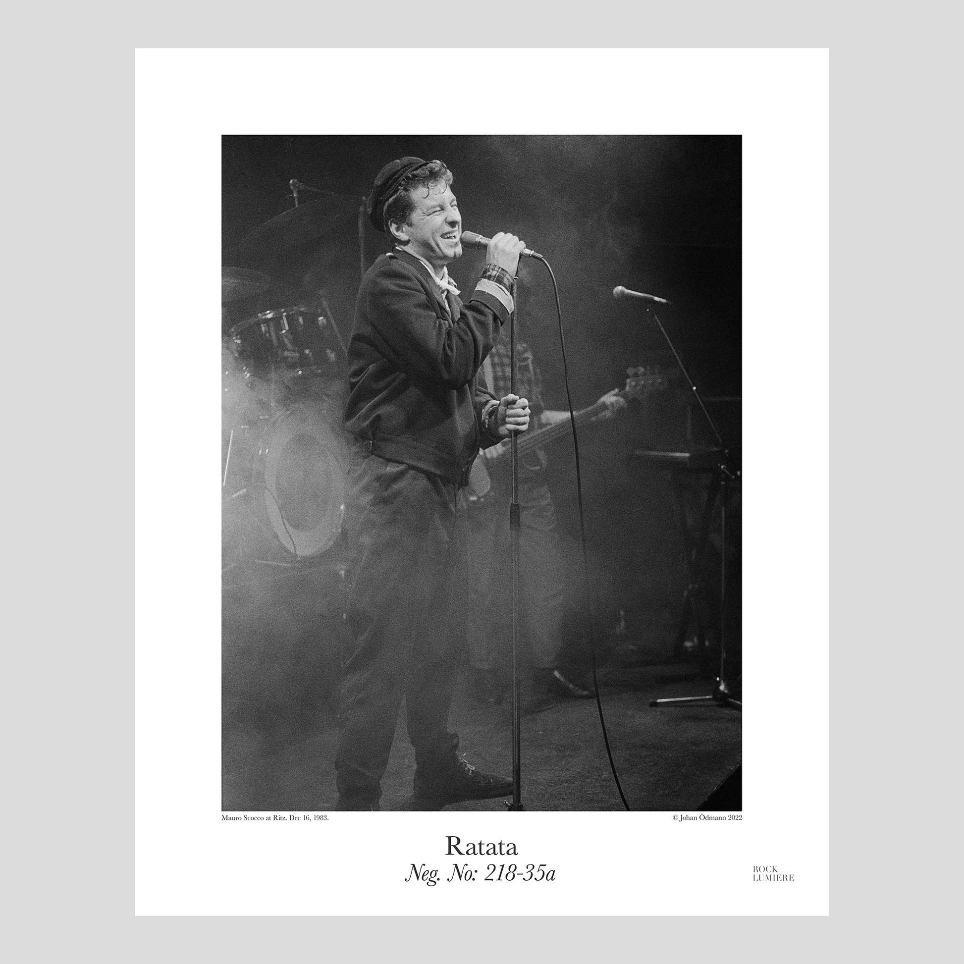 Mauro Scocco on stage with Ratata at Ritz, Stockholm, Sweden, Dec 16, 1983. Photograph by Johan Ödmann. Rock Lumiere Editions offer beautiful Rock Photography Posters and Limited Edition Fine Art Prints.  Choose among unique b/w photographs of legendary artists and bands.  Rock, Classic Rock, Swedish Garage Rock, Heavy Metal, NWOBHM, Goth, Pop, Blues, Paisley Underground. Order today. Worldwide shipping.