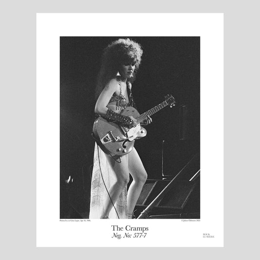 Poison Ivy on stage with The Cramps at Göta Lejon, Sweden, Apr 10, 1986. Photograph by Johan Ödmann. Rock Lumiere Editions offer beautiful Rock Photography Posters and Limited Edition Fine Art Prints.  Choose among unique b/w photographs of legendary artists and bands.  Order today. Worldwide shipping. Goth.